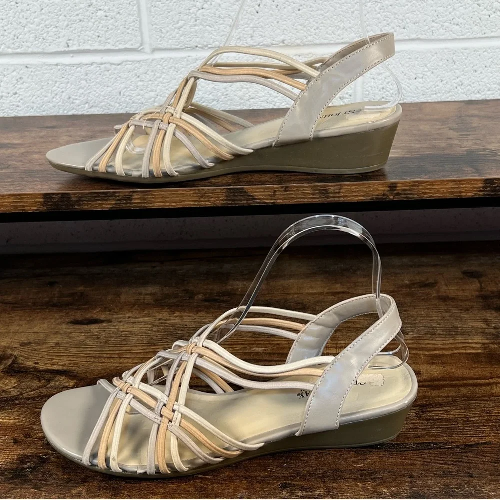 St Johns Bay Sandals Stretchy Straps Beige Wedge Heel‎ Open Toe Sling Back 9.5
